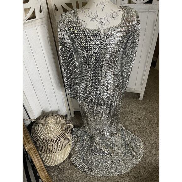 Vintage 60’s 70s Silver Sequin Mermaid Gown Dress Metallic Floral Glam Hollywood - Picture 4 of 12